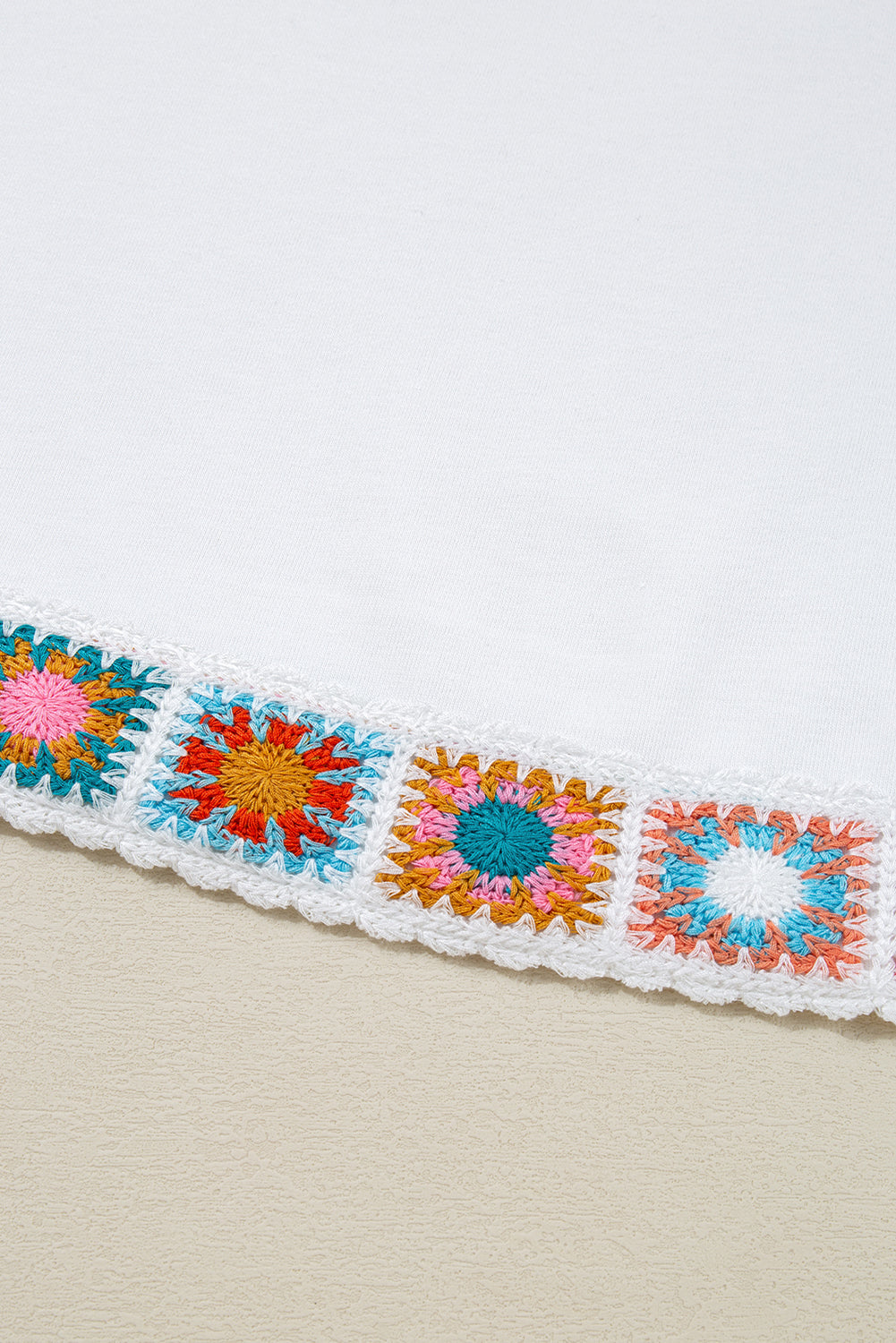 White Floral Crochet Patched Ruffled Sleeve Crewneck Blouse Blouses & Shirts JT's Designer Fashion