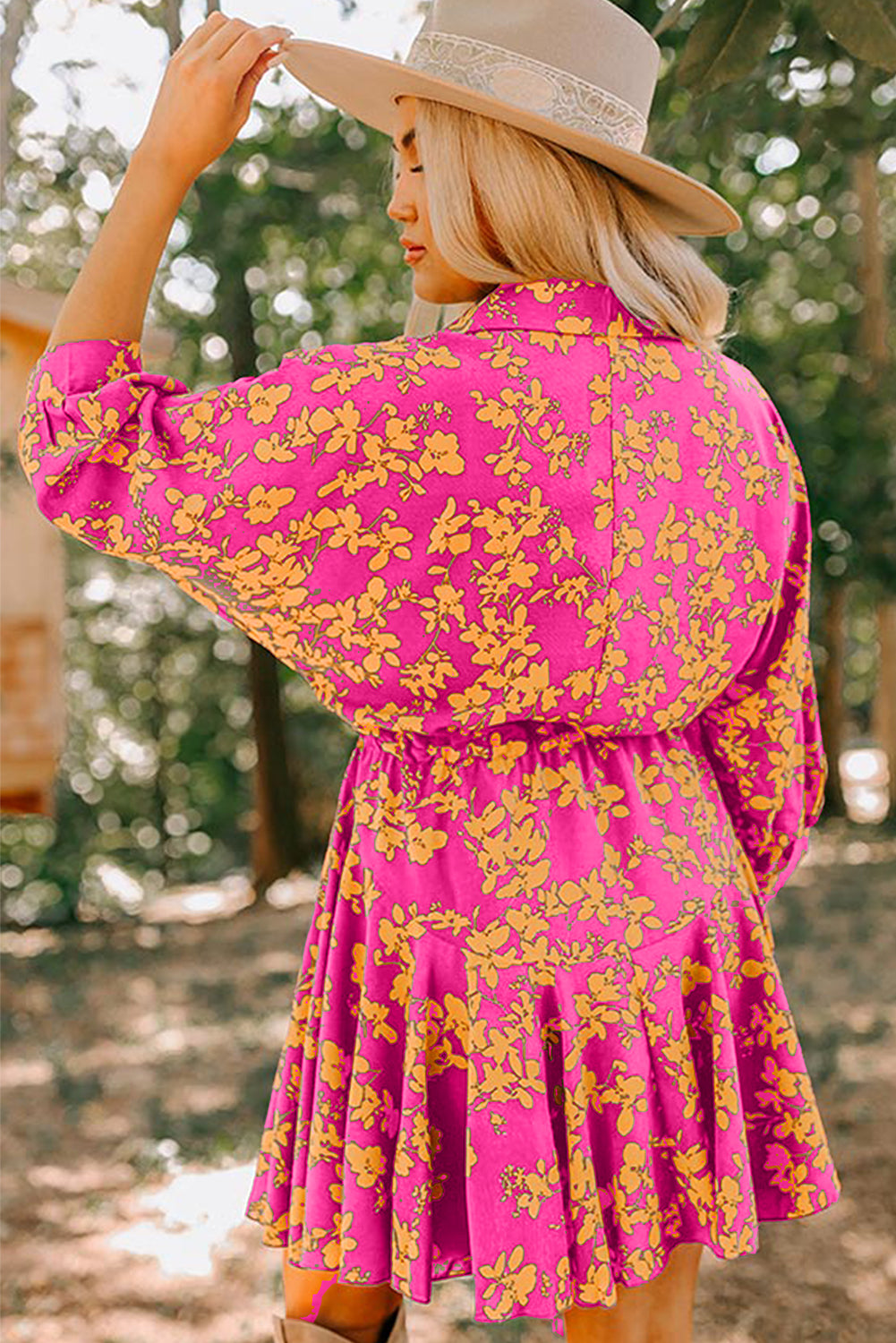 Pink Floral Print Drawstring Tunic Flowy Short Dress Floral Dresses JT's Designer Fashion