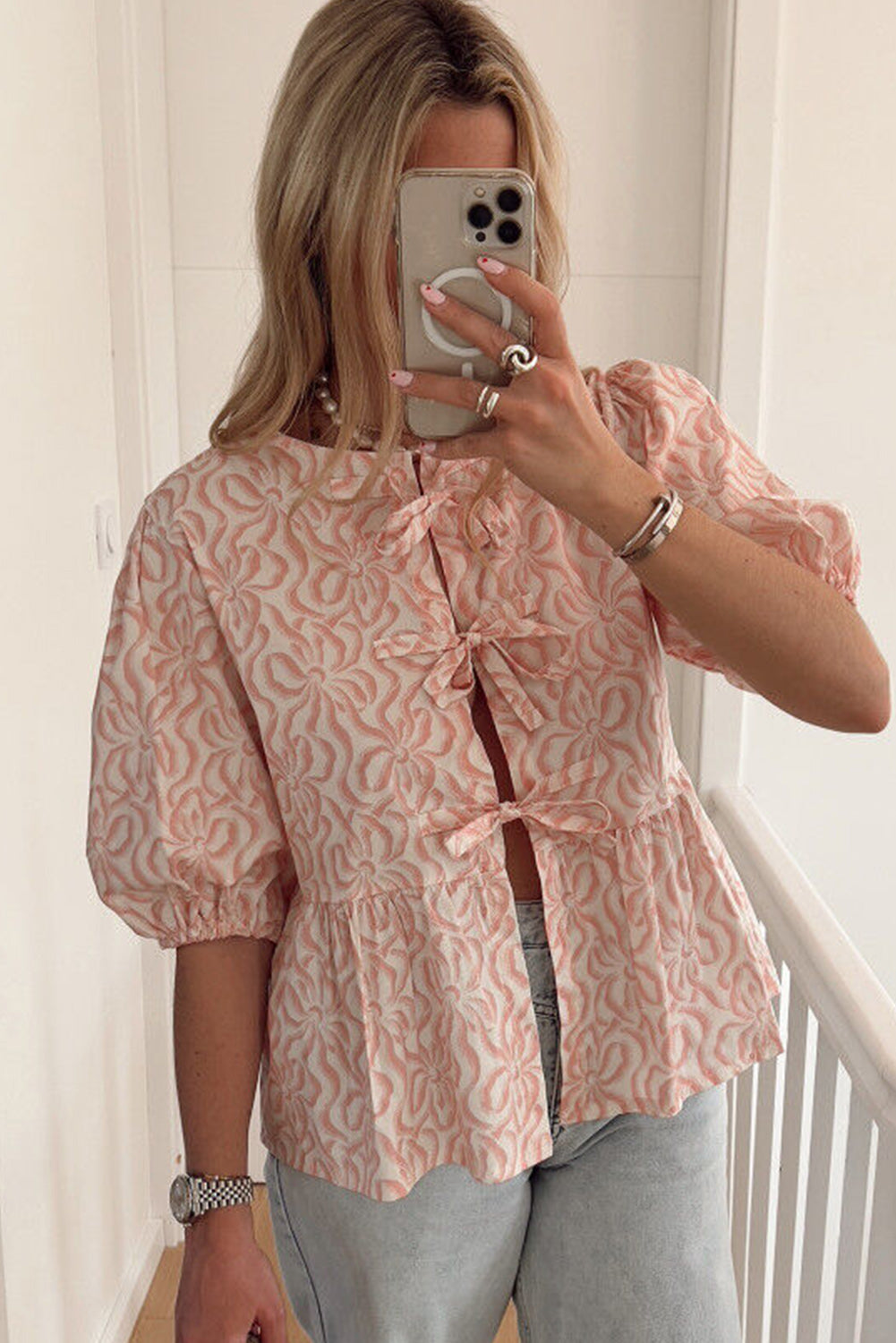 Pink Printed Bowknot Closure Half Sleeve Peplum Blouse Tops & Tees JT's Designer Fashion