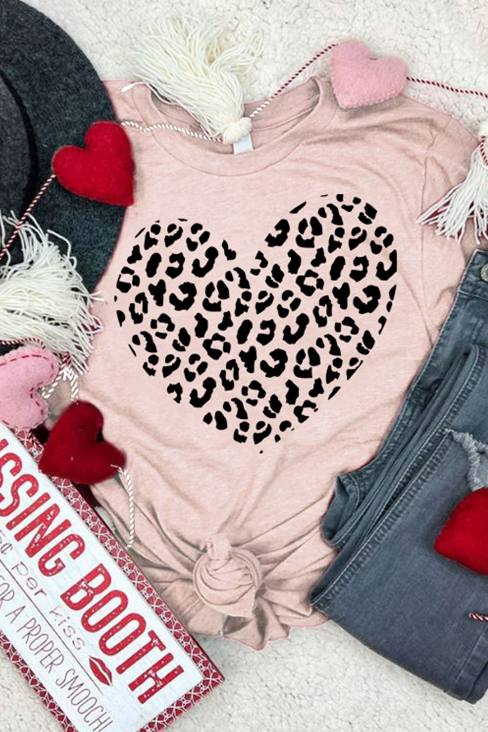 Pink Leopard Heart Shaped Print Crew Neck Graphic Tee Graphic Tees JT's Designer Fashion