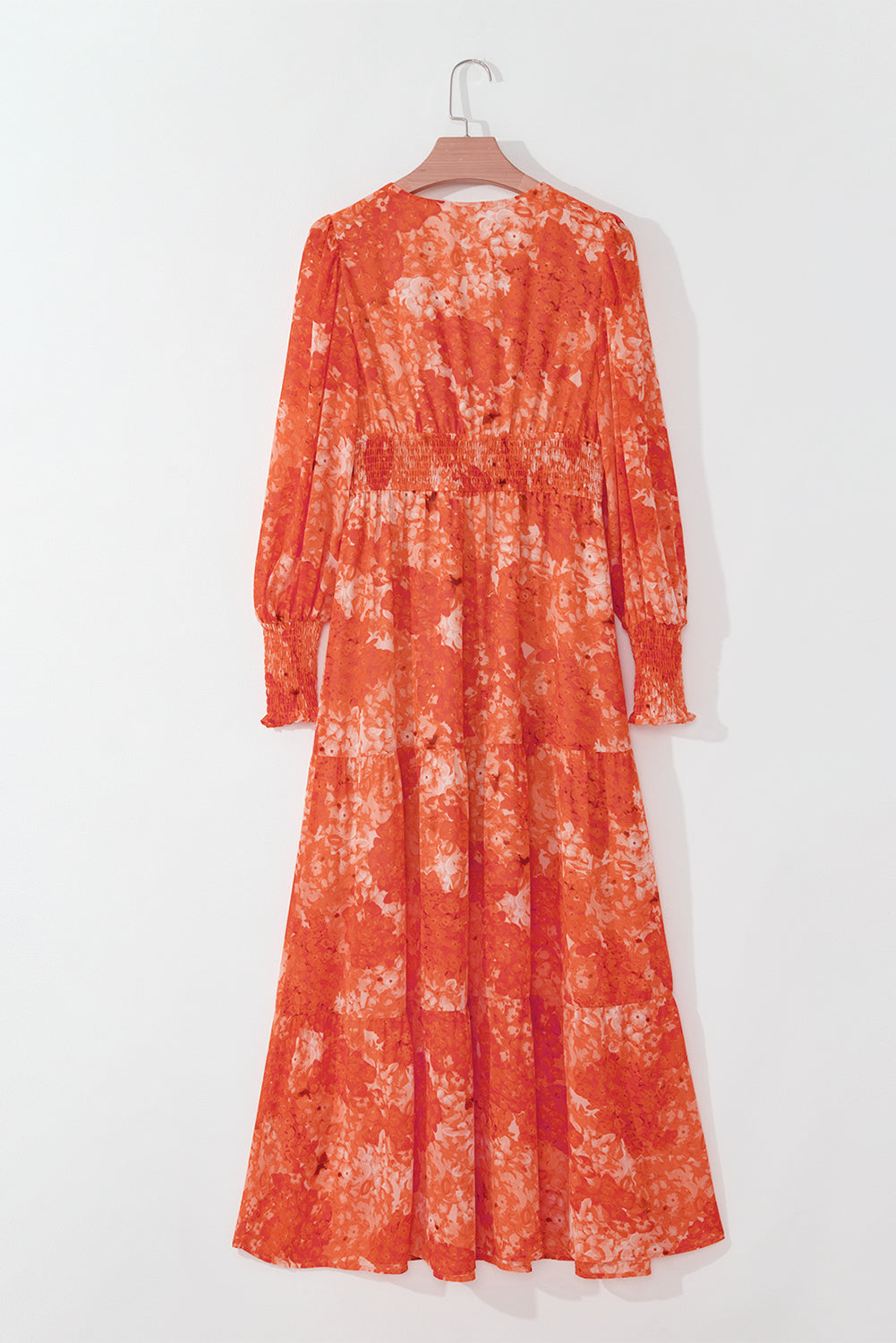 Orange Boho Floral Bishop Sleeve V Neck Tiered Maxi Dress Maxi Dresses JT's Designer Fashion