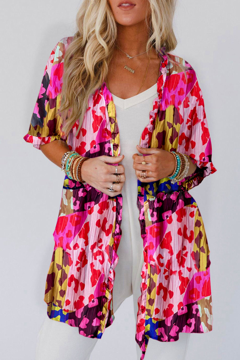 Multicolour Leopard Patchwork Print Frilly Trim Kimono Pre Order Outerwear JT's Designer Fashion