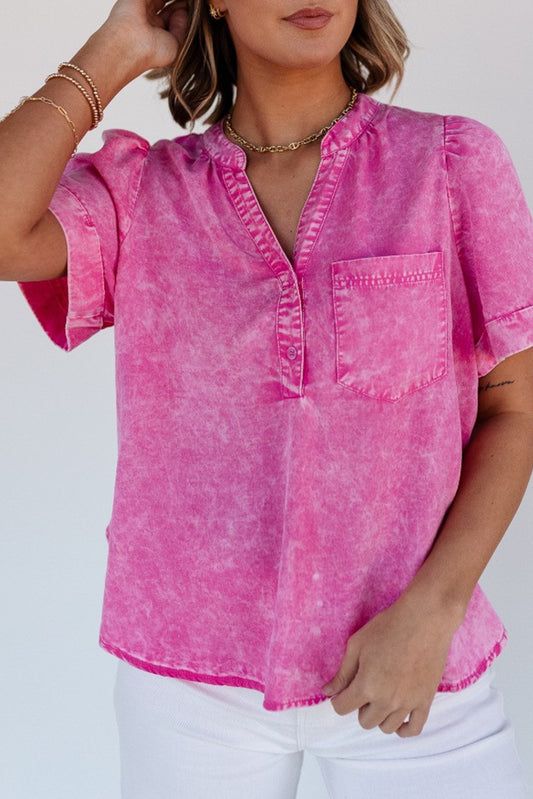 Bright Pink Mineral Wash Split Neck Pocket Patched Denim Top Pre Order Tops JT's Designer Fashion