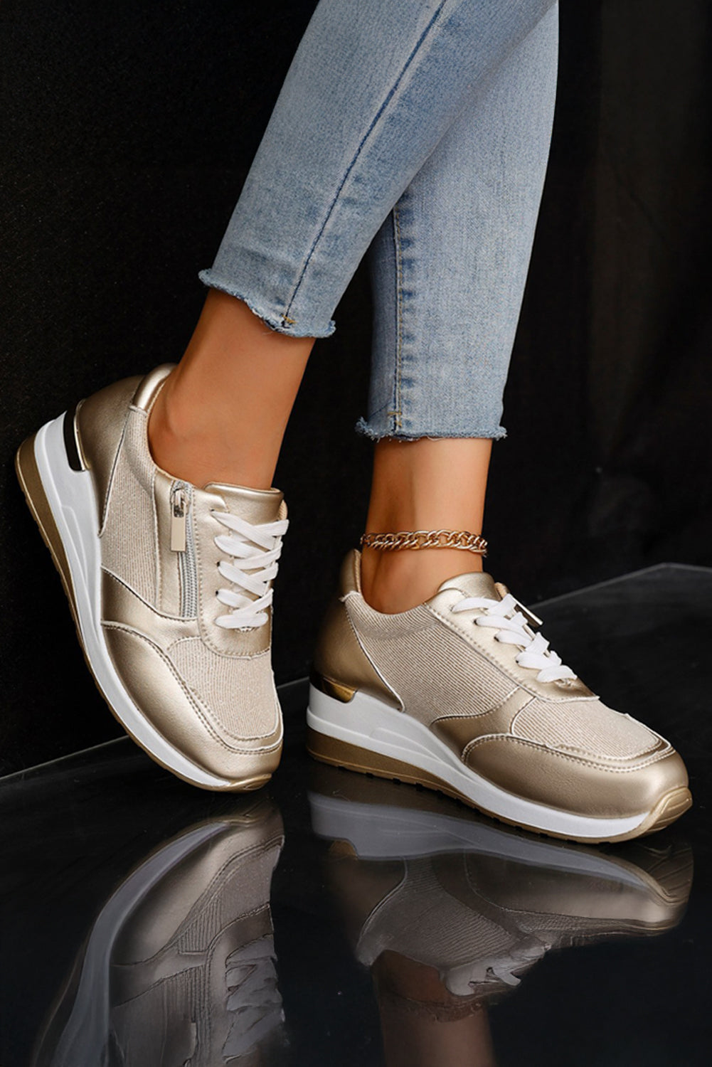 Gold Leather Patchwork Zipper Lace-up Sneakers Women's Shoes JT's Designer Fashion