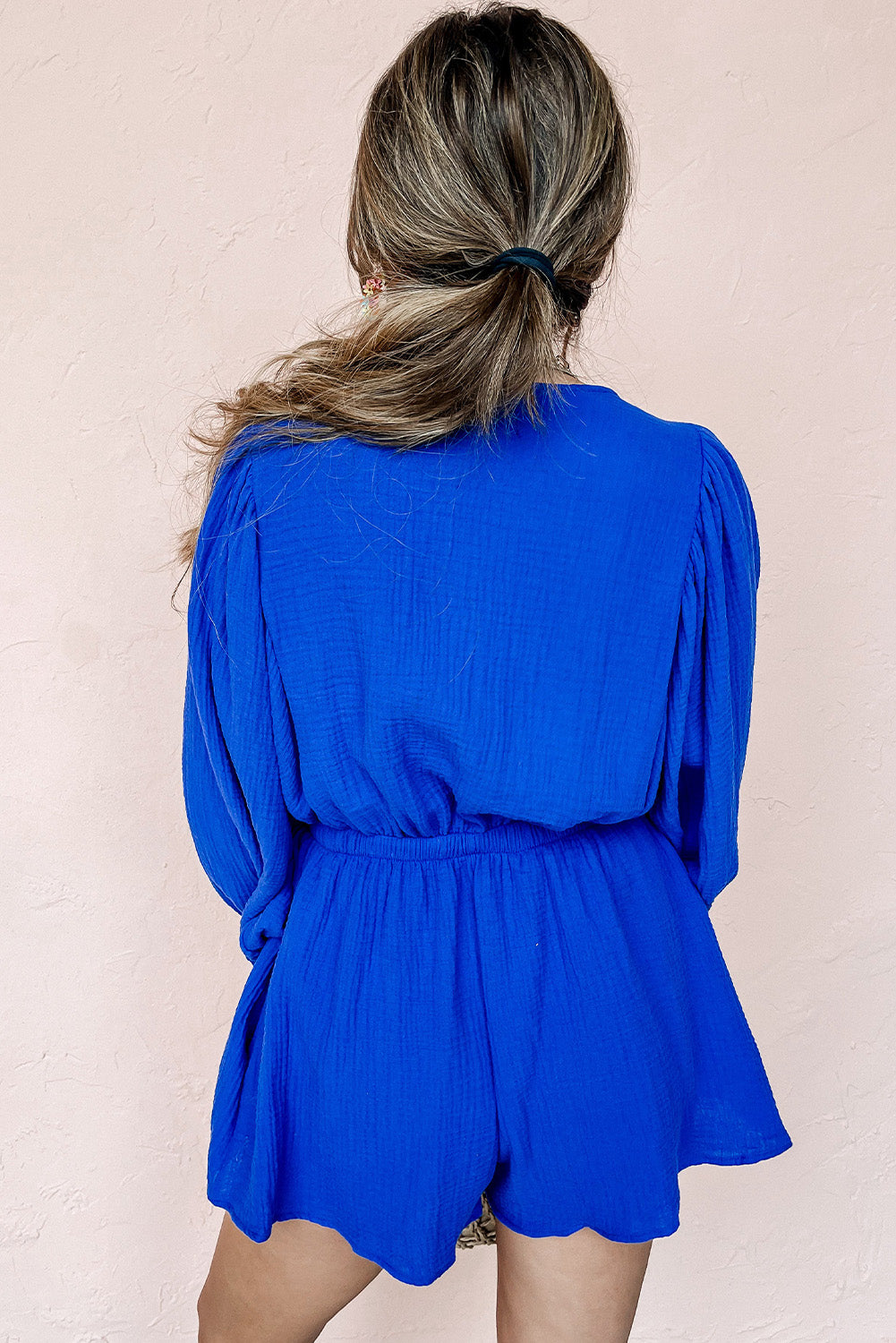 Dark Blue V Neck Ruffle Bubble Sleeve Romper Bottoms JT's Designer Fashion