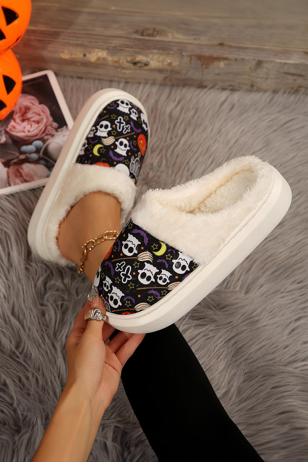 Black Halloween Pumpkin Ghost Print Plush Home Slippers Slippers JT's Designer Fashion