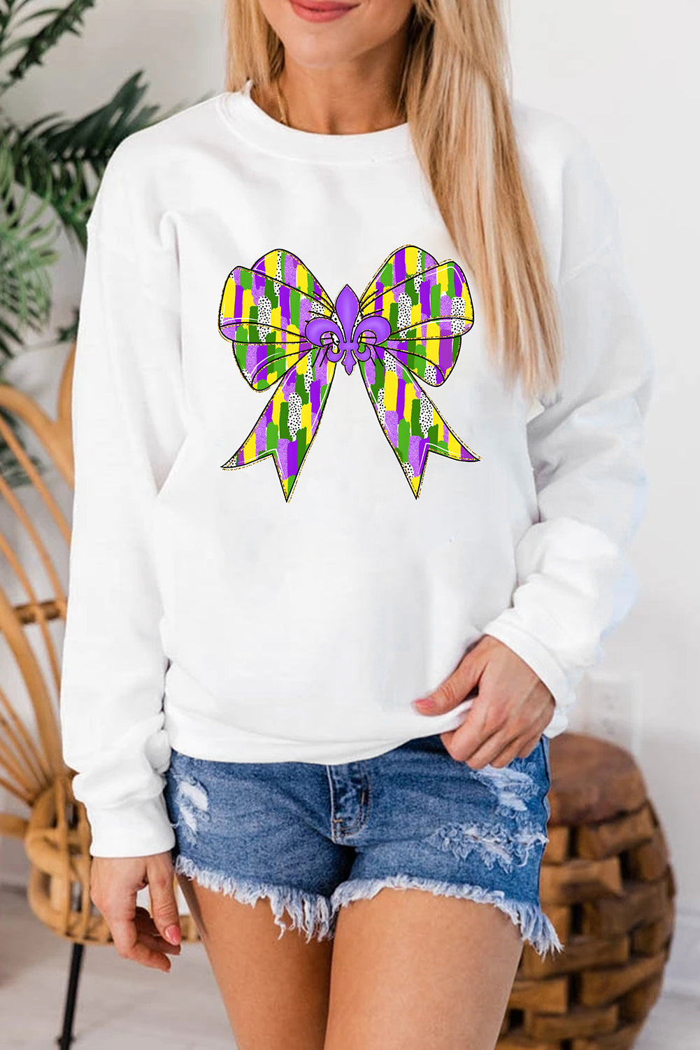 White Mardi Gras Bowknot Graphic Pullover Sweatshirt Graphic Sweatshirts JT's Designer Fashion