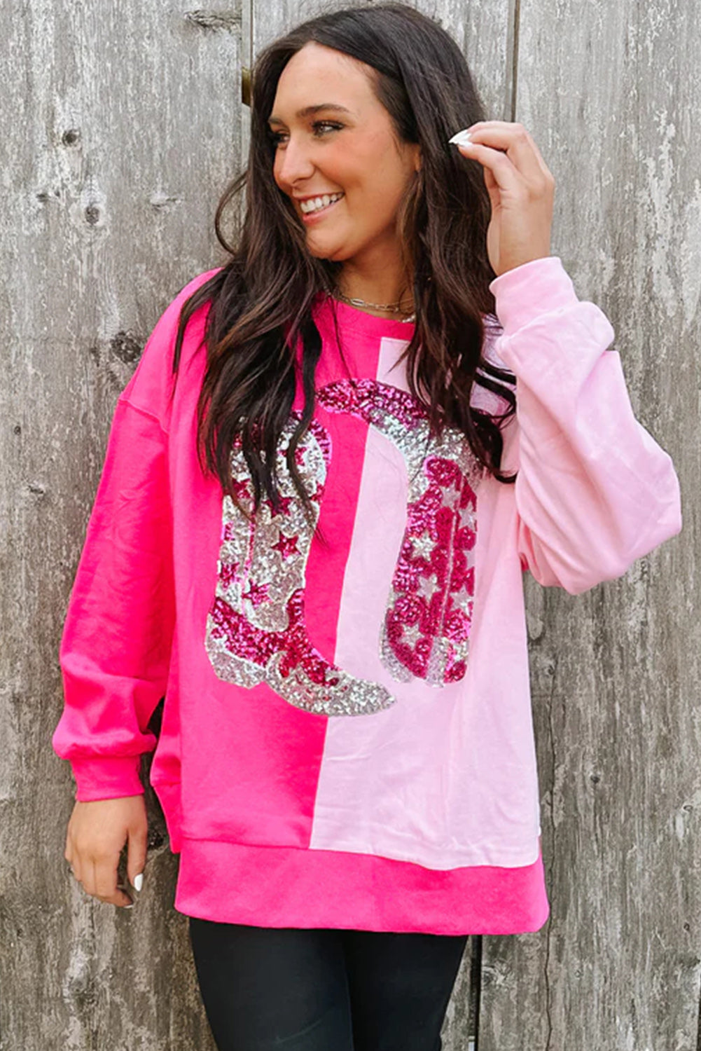 Pink Color Block Sequined Cowgirl Boots Graphic Sweatshirt Sweatshirts & Hoodies JT's Designer Fashion