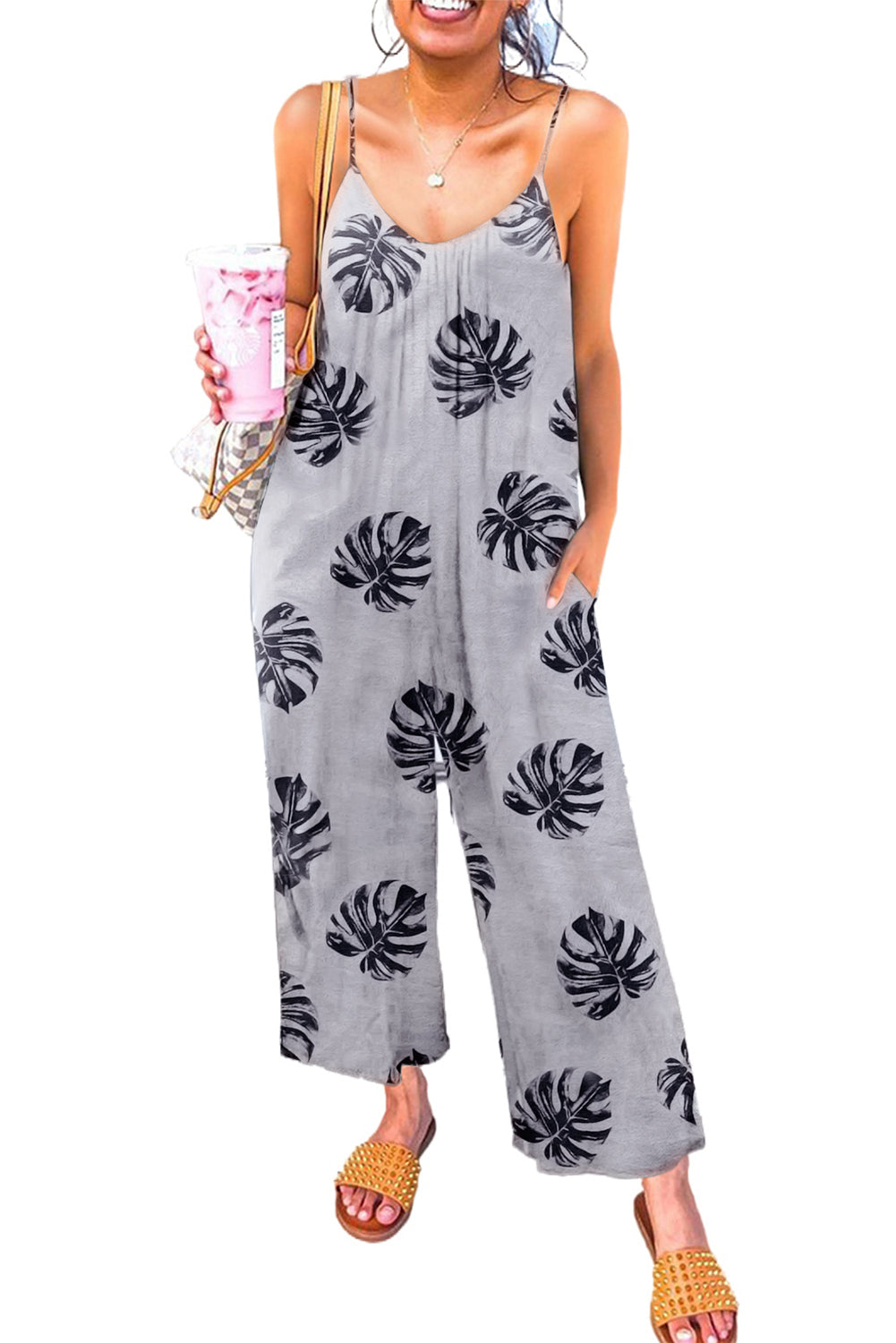 Gray Palm Leaves Print Spaghetti Strap Wide Leg jumpsuit Jumpsuits & Rompers JT's Designer Fashion