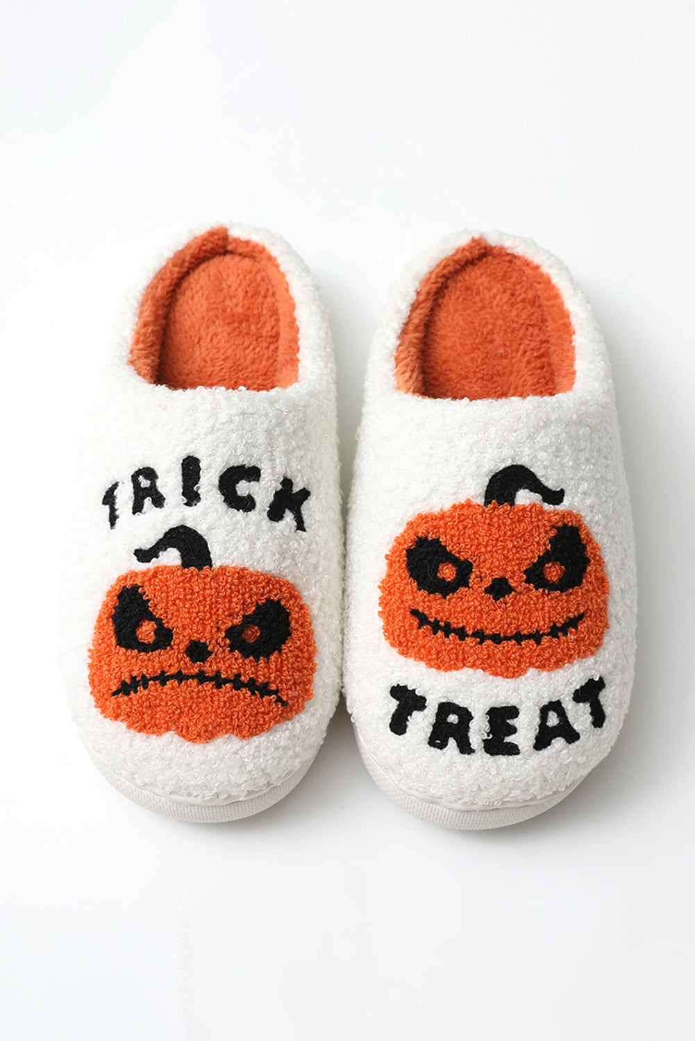 White Halloween Pumpkin Trick Or Treat Plush Slippers Slippers JT's Designer Fashion