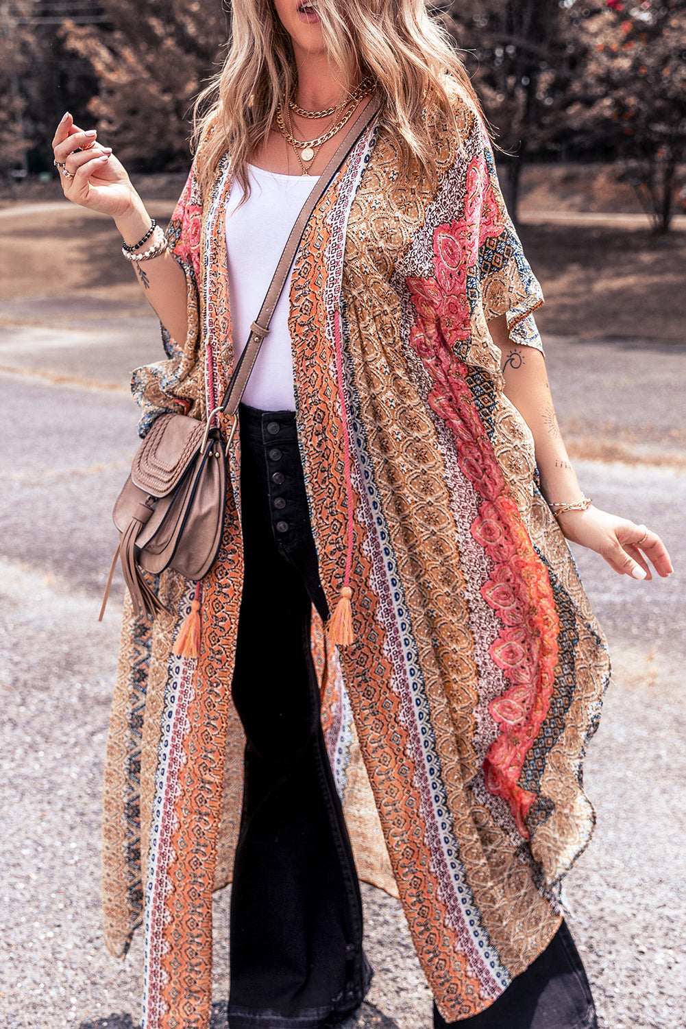 Pink Retro Printed Boho Duster Kimono Outerwear JT's Designer Fashion