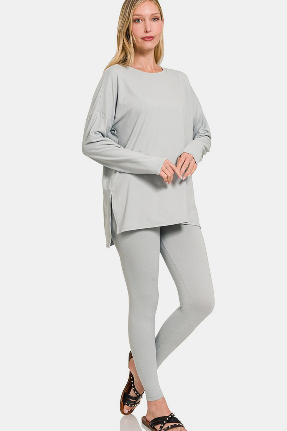 Zenana Full Size Brushed Microfiber Top and Leggings Lounge Set Lt Grey Sleepwear JT's Designer Fashion