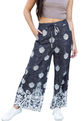 Black Bohemian Printed Drawstring Waist Wide Leg Pants Pants & Culotte JT's Designer Fashion