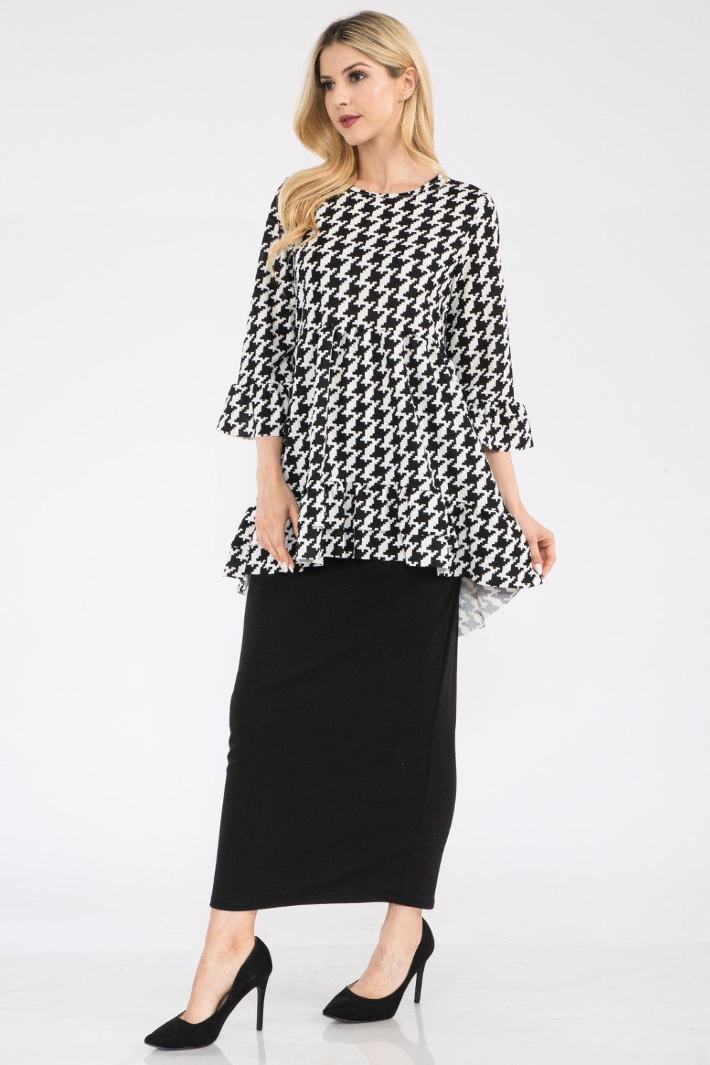 Celeste Full Size Houndstooth Flounce Sleeve High-Low Top Tops JT's Designer Fashion