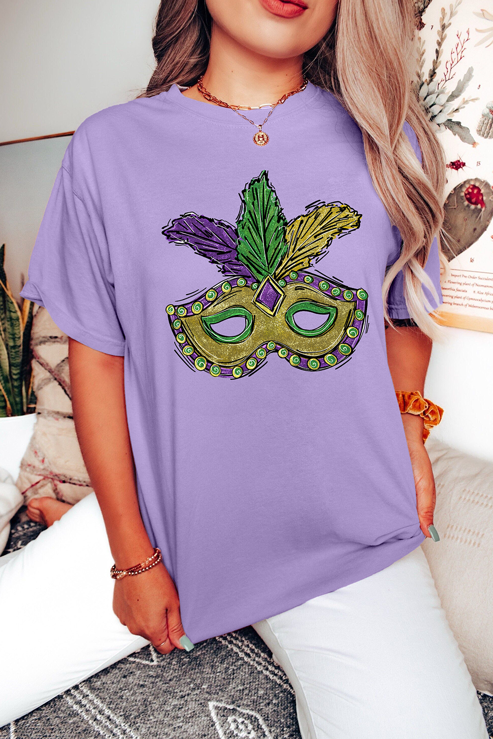 Wisteria Mardi Gras Mask Graphic Crew Neck Festival T Shirt Graphic Tees JT's Designer Fashion