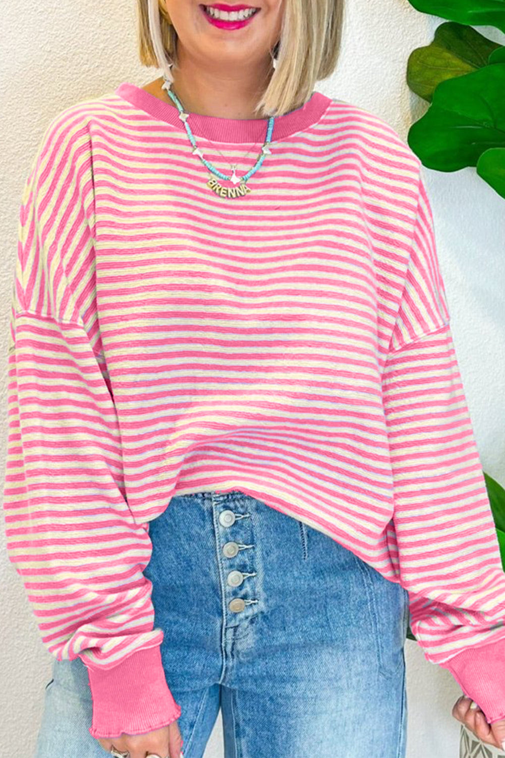 Pink Stripe Loose Drop Shoulder Long Sleeve Top Long Sleeve Tops JT's Designer Fashion