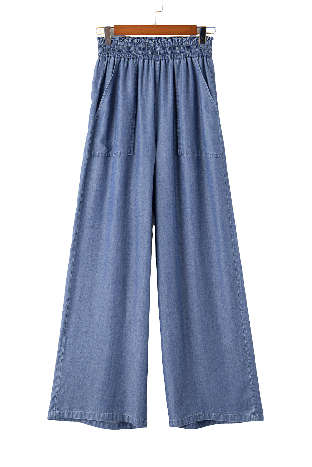 Sky Blue Side Pockets Frilled Smocked High Waist Wide Leg Jeans Bottoms JT's Designer Fashion