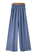 Sky Blue Side Pockets Frilled Smocked High Waist Wide Leg Jeans Bottoms JT's Designer Fashion