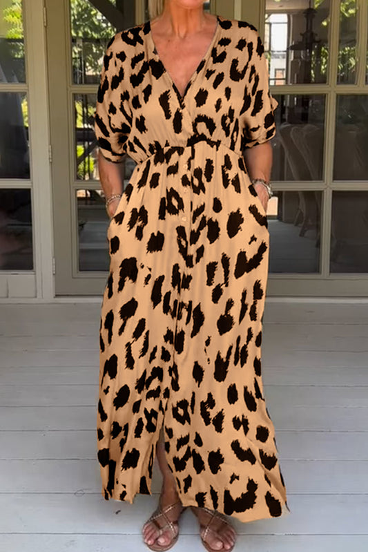 Khaki Leopard V Neck High Waist Buttoned Plus Maxi Dress Plus Size JT's Designer Fashion