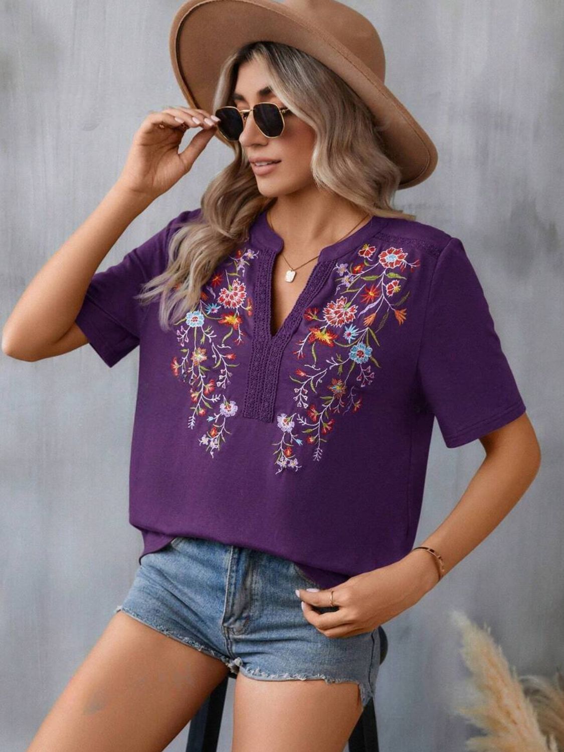 Embroidered Notched Short Sleeve T-Shirt Blouses & Shirts JT's Designer Fashion