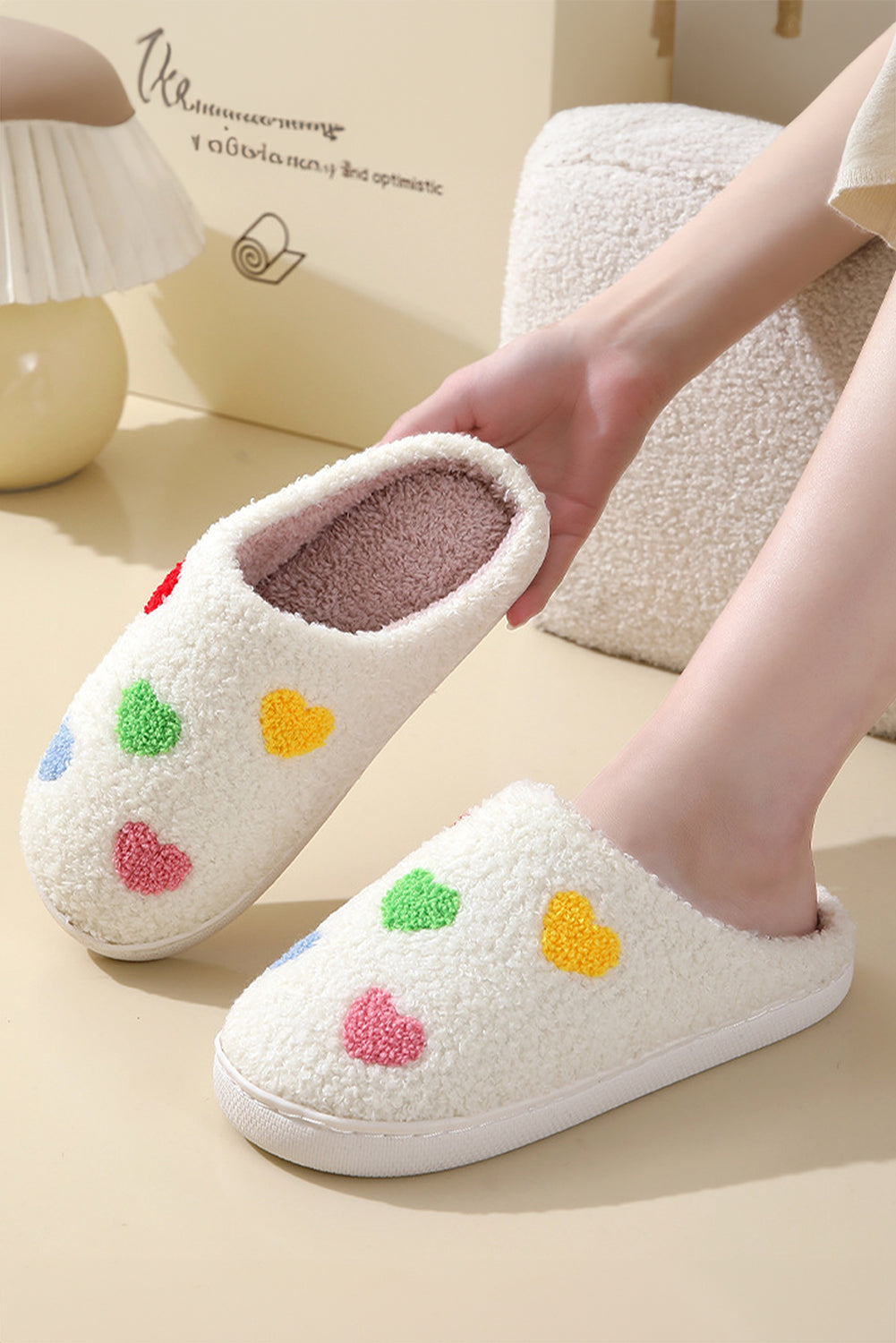 White Colorful Heart Shape Slip On Plush Winter Slippers Slippers JT's Designer Fashion