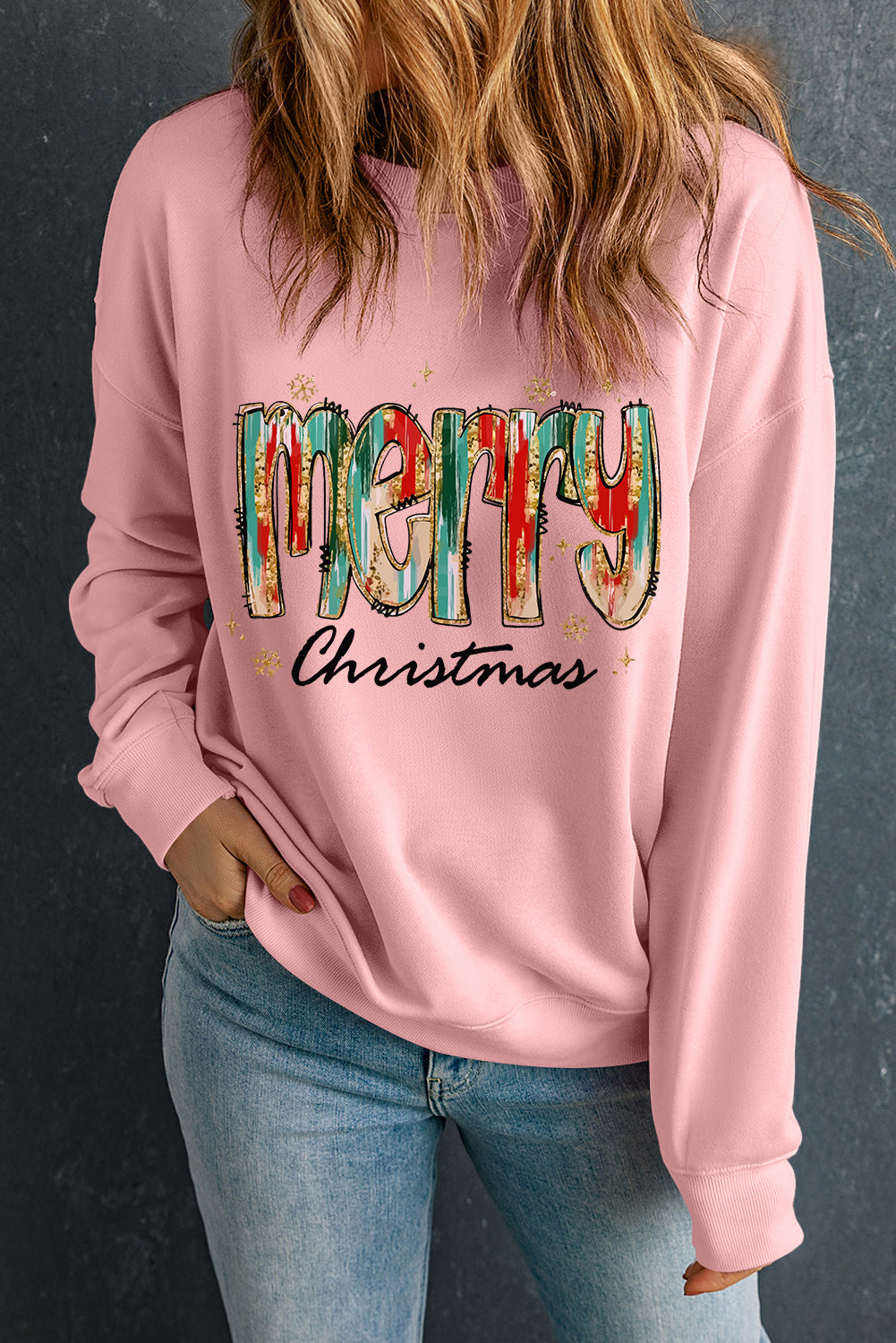 Pink Brushwork Merry Christmas Print Drop Shoulder Sweatshirt Graphic Sweatshirts JT's Designer Fashion