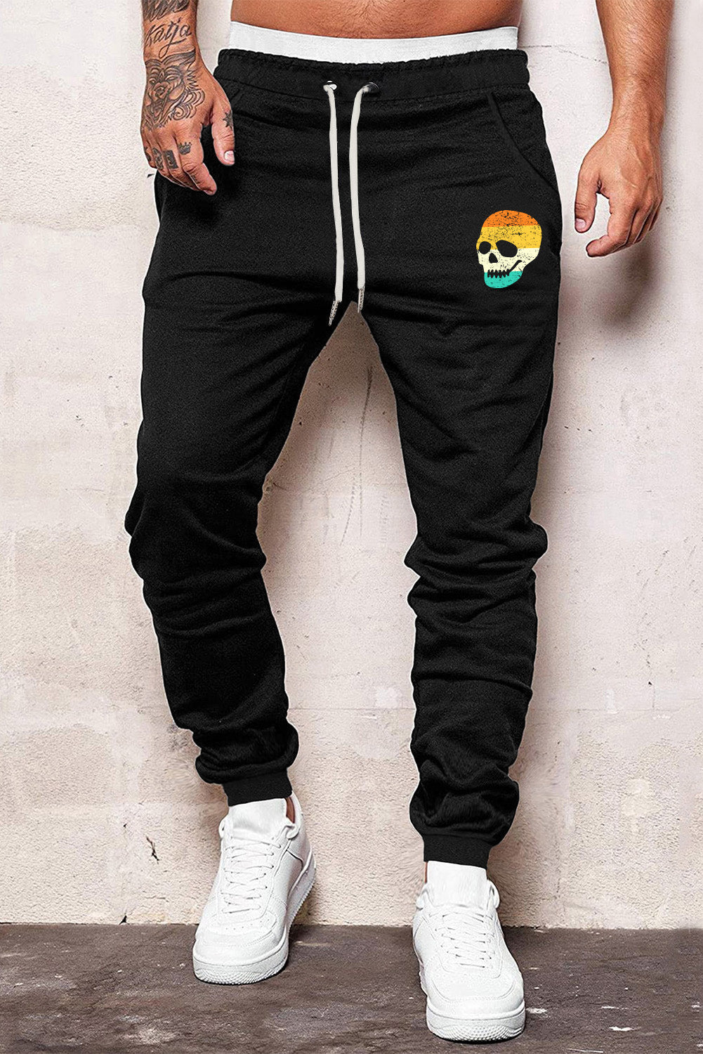 Black Skull Print Drawstring High Waist Men's Sweatpants Black 65%Polyester+35%Cotton Men's Pants JT's Designer Fashion