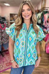 Green Geometric Print Ruffled Sleeve Notch V Neck Blouse Pre Order Tops JT's Designer Fashion