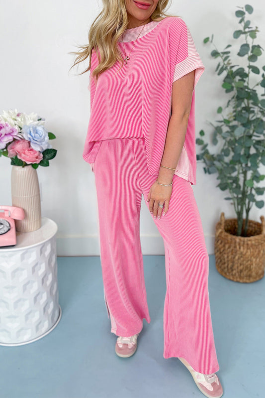 Sachet Pink 2-tone Colorblock Patchwork Corded 2pcs Outfit Pant Sets JT's Designer Fashion