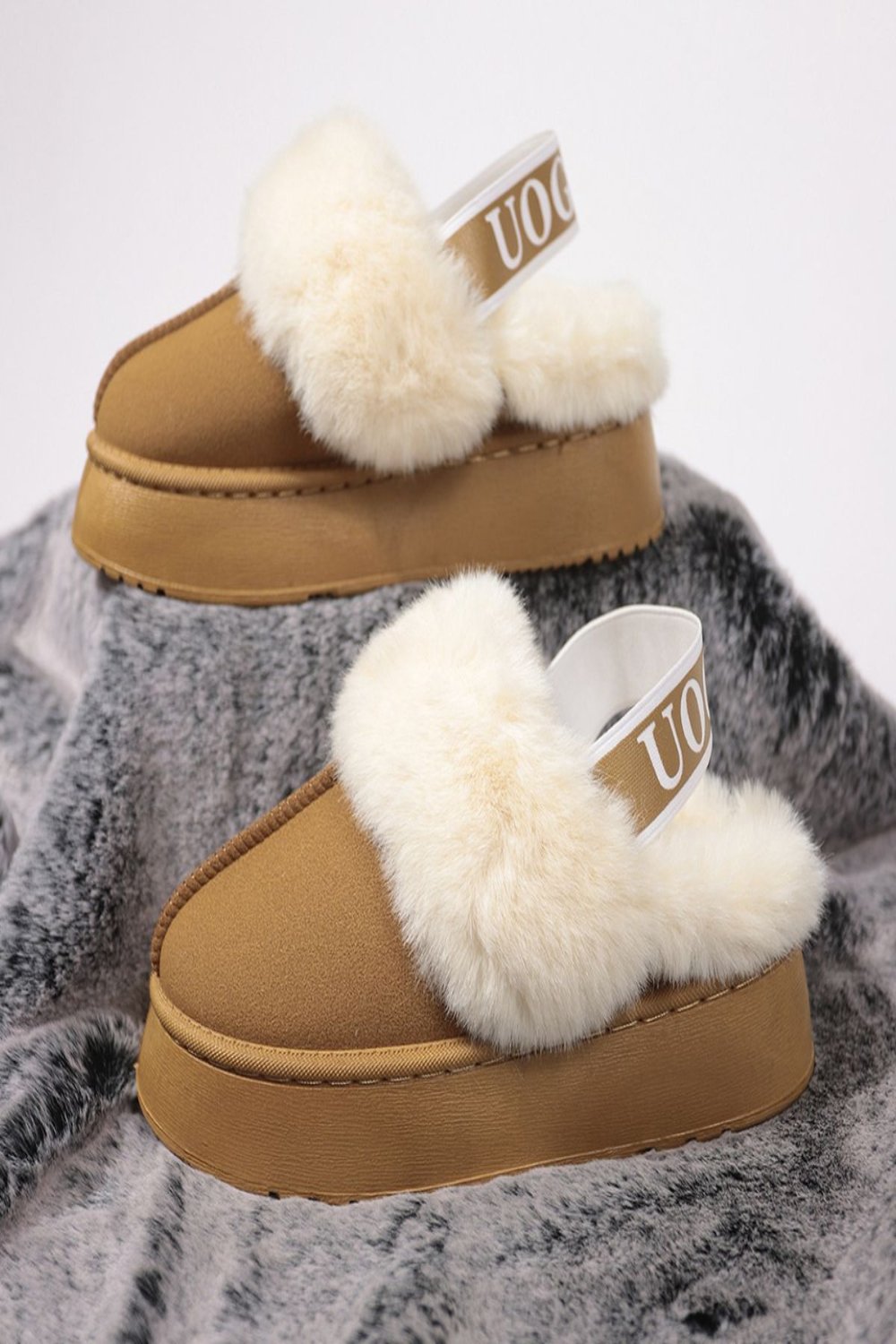 Plush Platform Slippers with Letter Strap Camel Shoes JT's Designer Fashion