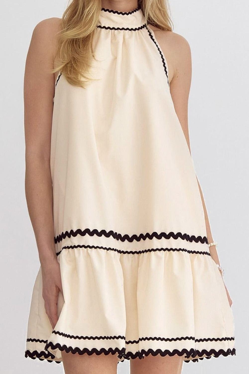 Khaki Stripe Ric Rac Trim Halter A-line Sleeveless Mini Dress Mini Dresses JT's Designer Fashion