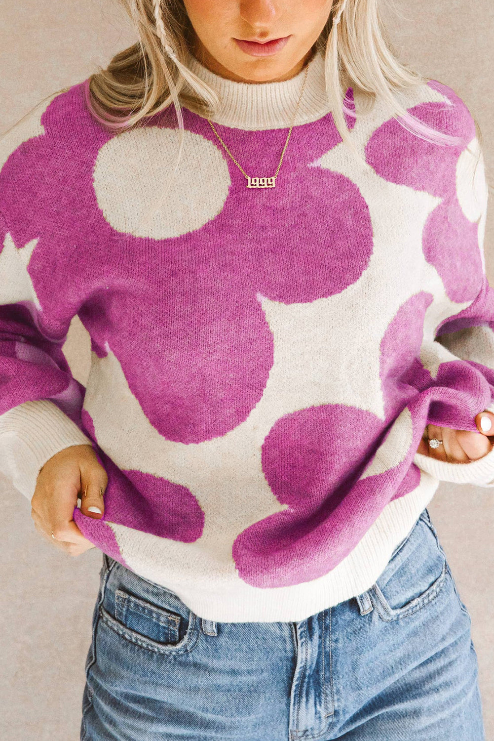 Bright Pink Big Flower Pattern Drop Shoulder Sweater Sweaters & Cardigans JT's Designer Fashion