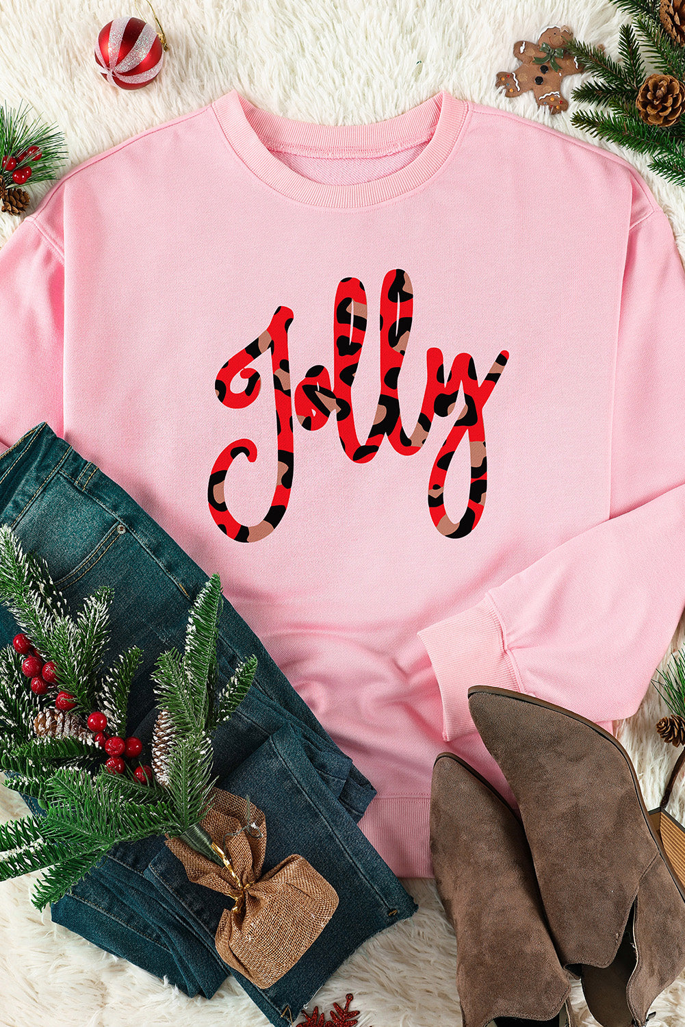 Pink Leopard Shading Jolly Letter Print Sweatshirt Graphic Sweatshirts JT's Designer Fashion