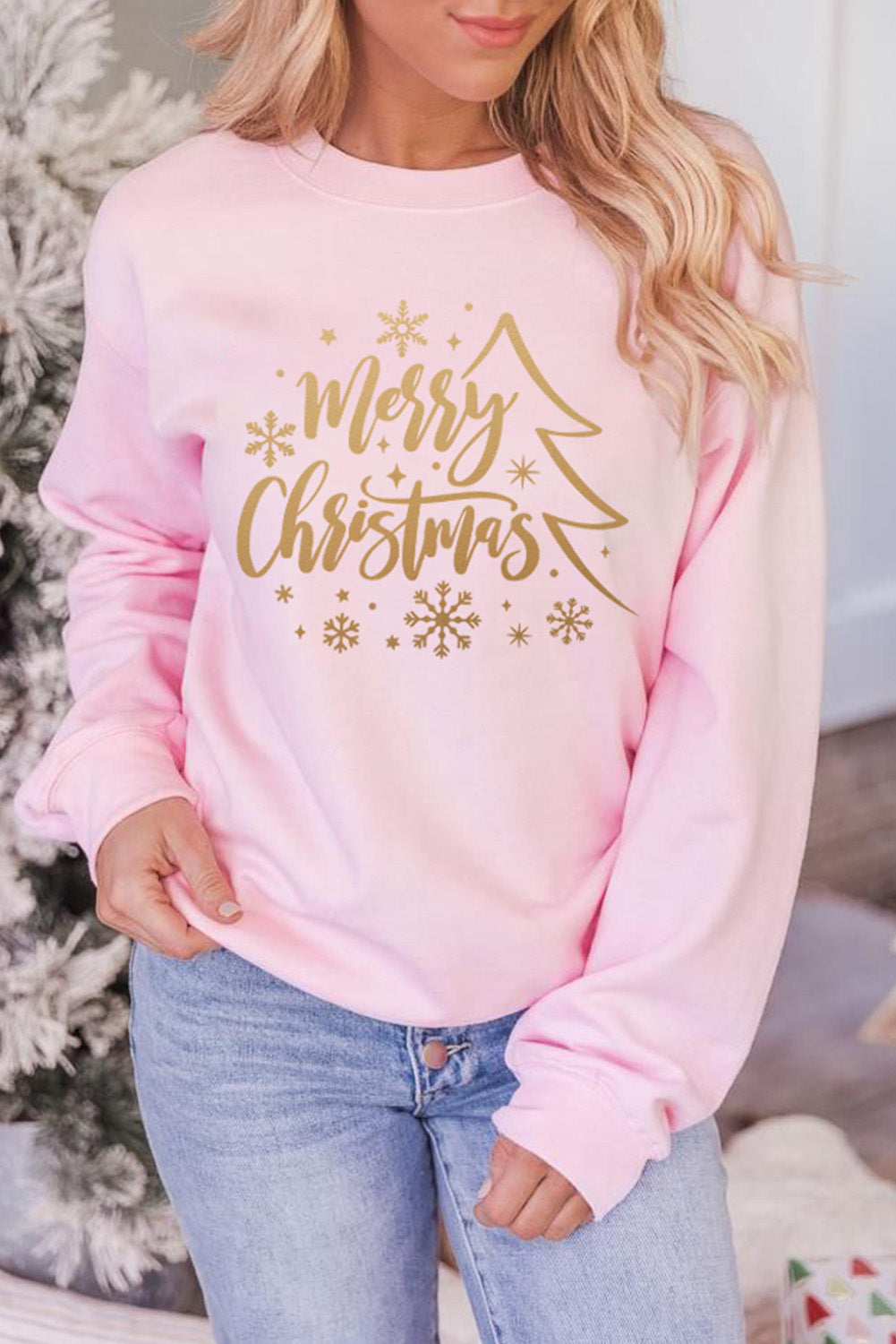 Pink Merry Christmas Snowflake Glitter Print Pullover Sweatshirt Graphic Sweatshirts JT's Designer Fashion