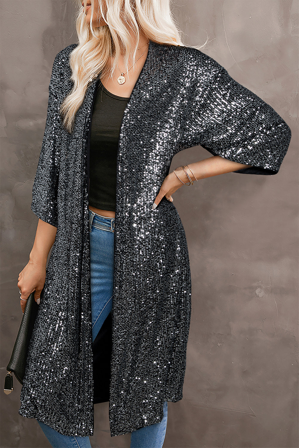 Silvery Sequin 3/4 Sleeve Kimono Kimonos JT's Designer Fashion