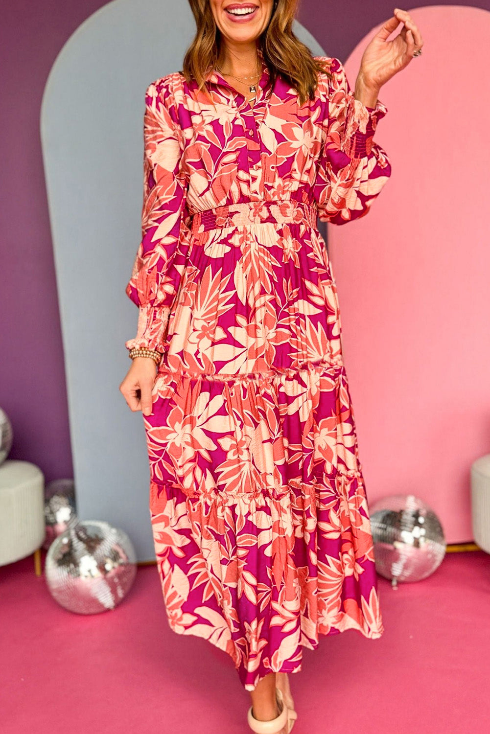 Rose Floral Print Buttoned Smocked High Waist Maxi Dress Floral Dresses JT's Designer Fashion