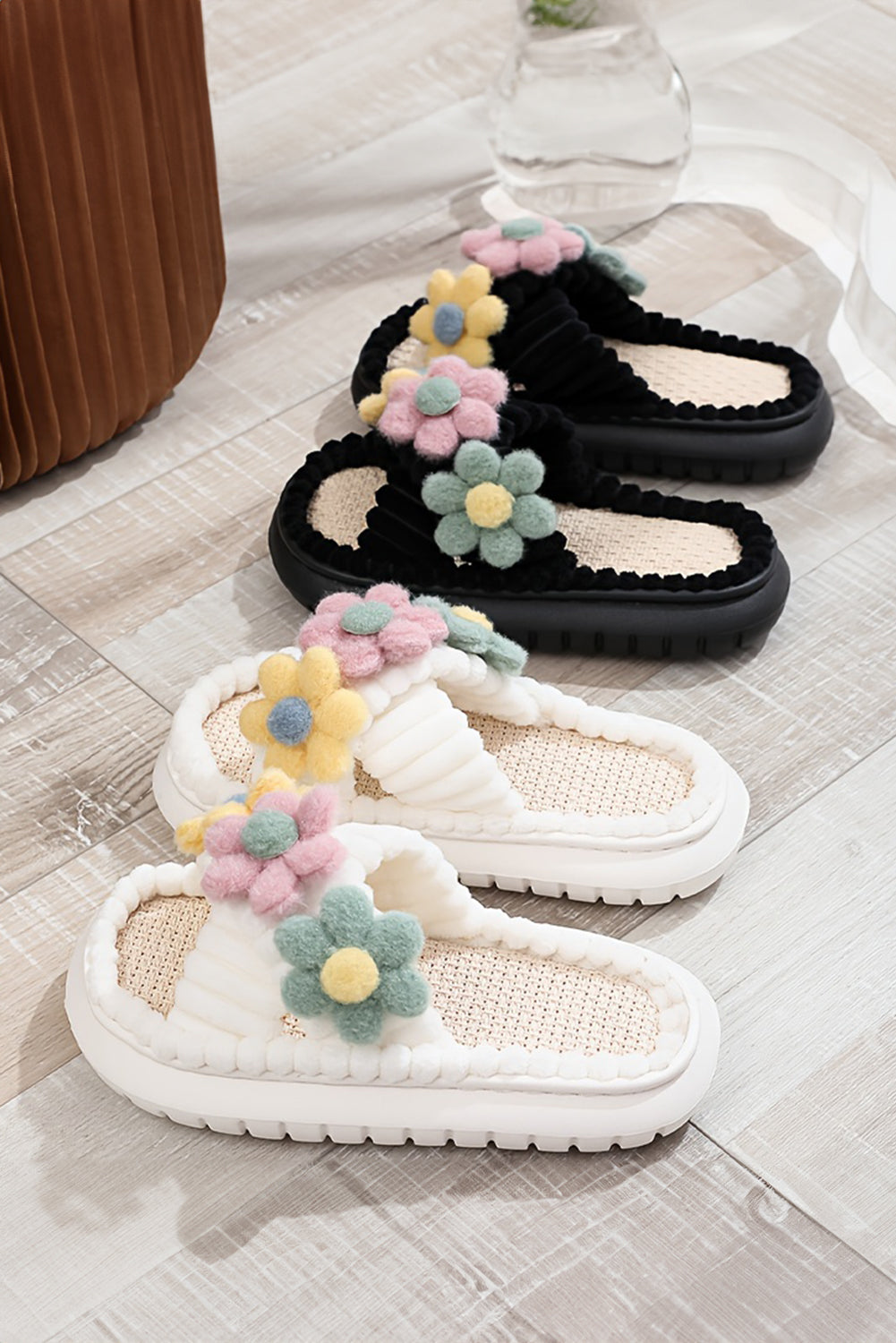 White Fuzzy Flower Cross Strap Open Toe Slippers Slippers JT's Designer Fashion