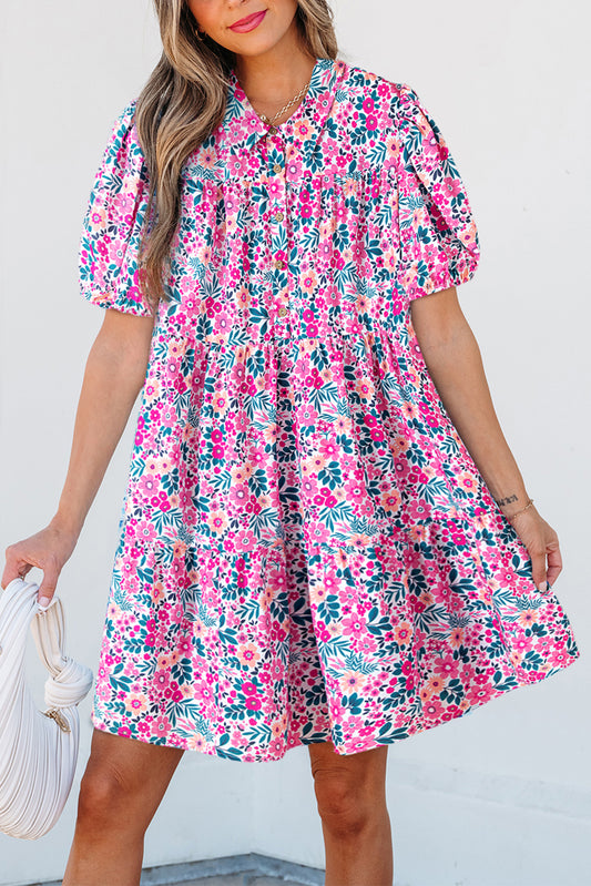 Pink Floral Collared Half Placket Short Sleeve Loose Dress Floral Dresses JT's Designer Fashion