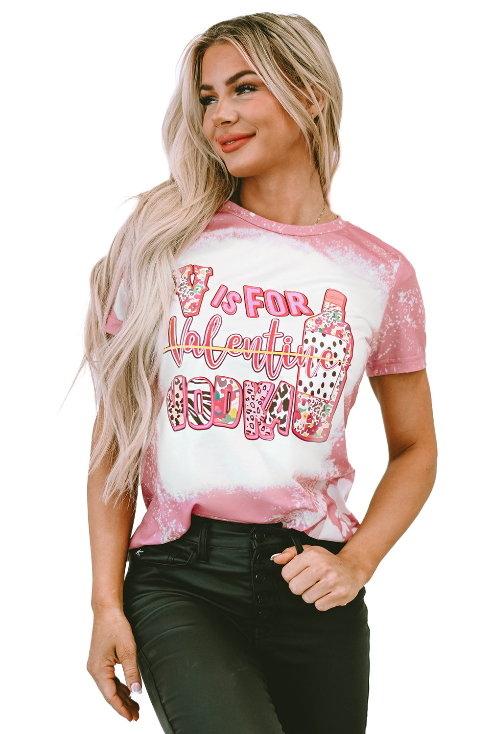 Pink V is for Valentine Vodka Print Tie Dye Print T Shirt Graphic Tees JT's Designer Fashion