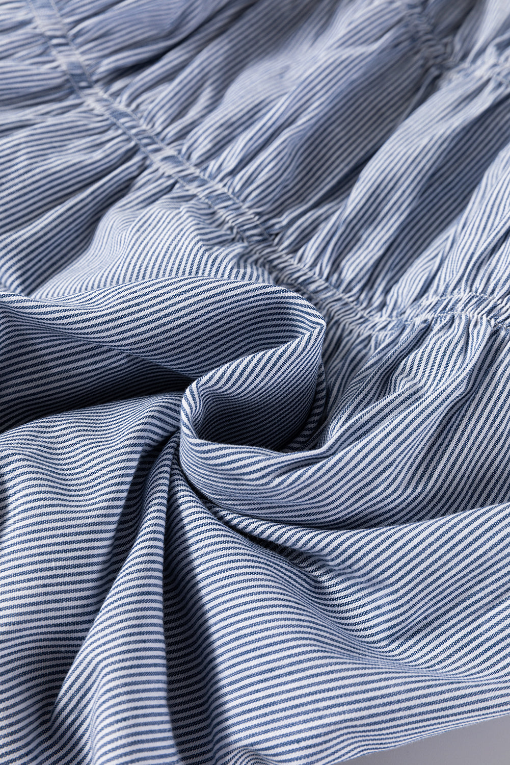 Sky Blue Stripe Bubble Sleeve Square Neck Ruched Pocketed Babydoll Dress Mini Dresses JT's Designer Fashion