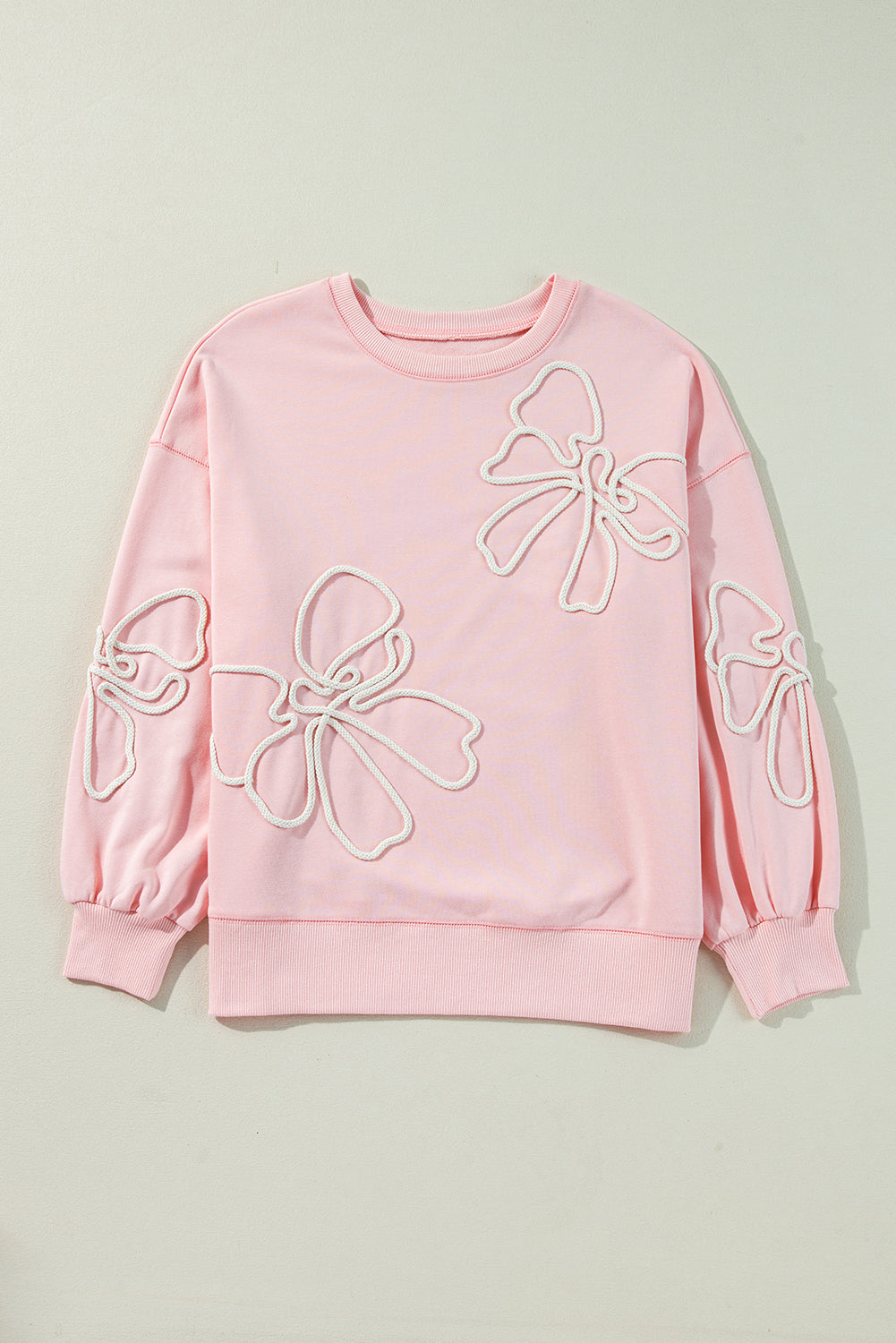 Light Pink Bow Thread Embroidery Ribbed Edge Sweatshirt Sweatshirts & Hoodies JT's Designer Fashion