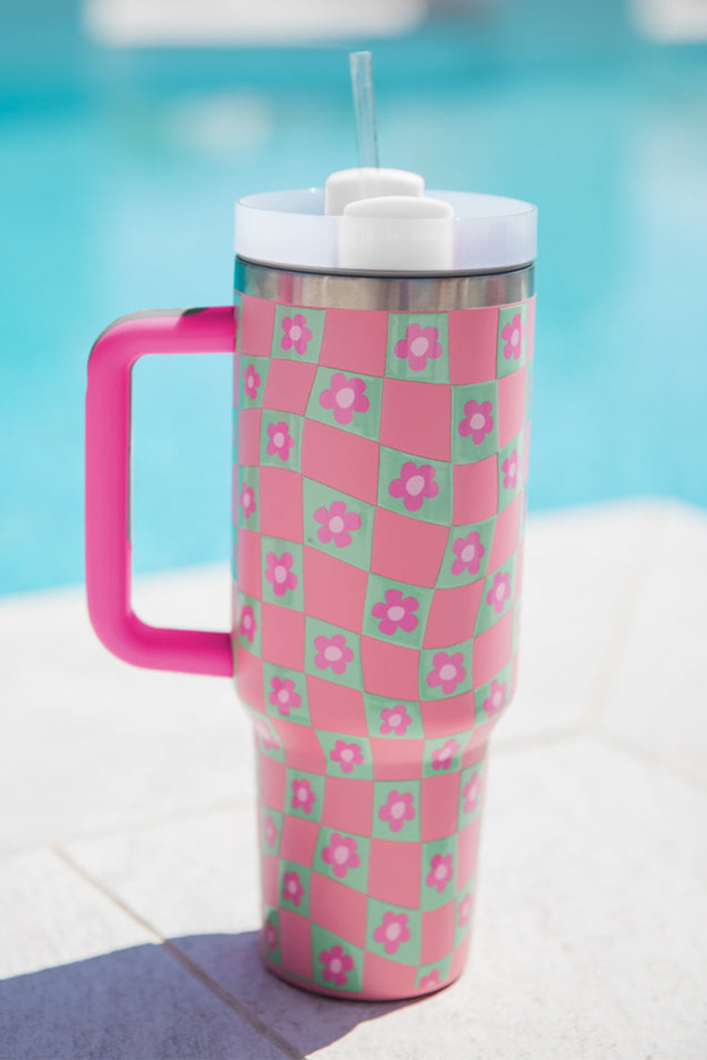 Bright Pink Flower Checkered Pattern Cup with Straw 40oz Tumblers JT's Designer Fashion