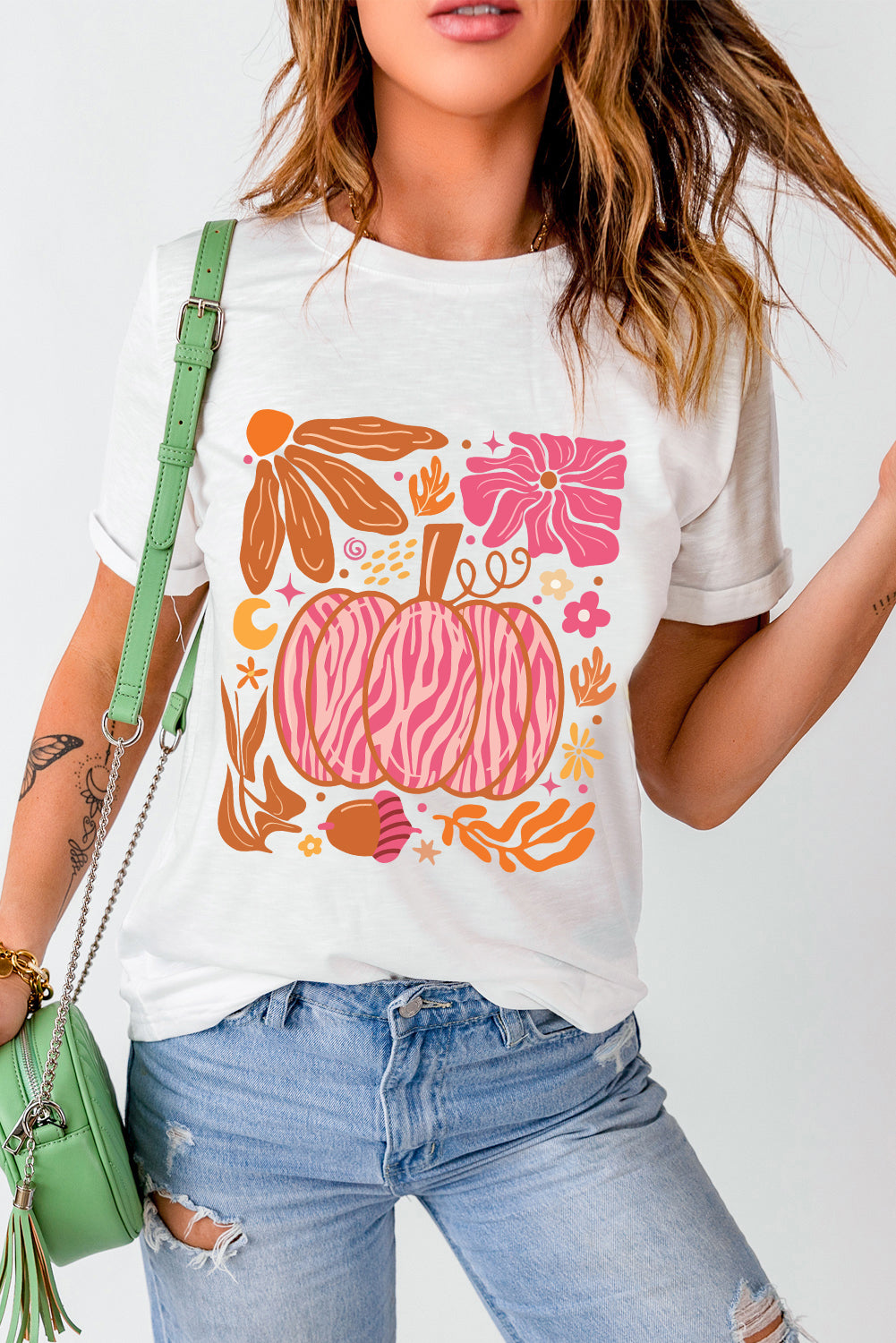 White Floral Pumpkin Printed Crewneck Thanksgiving T Shirt Graphic Tees JT's Designer Fashion