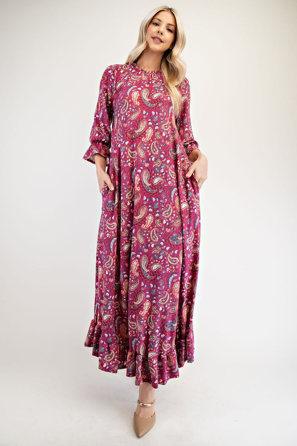 Celeste Full Size Ruffle Hem Paisley Round Neck Dress Cerise Maxi Dresses JT's Designer Fashion