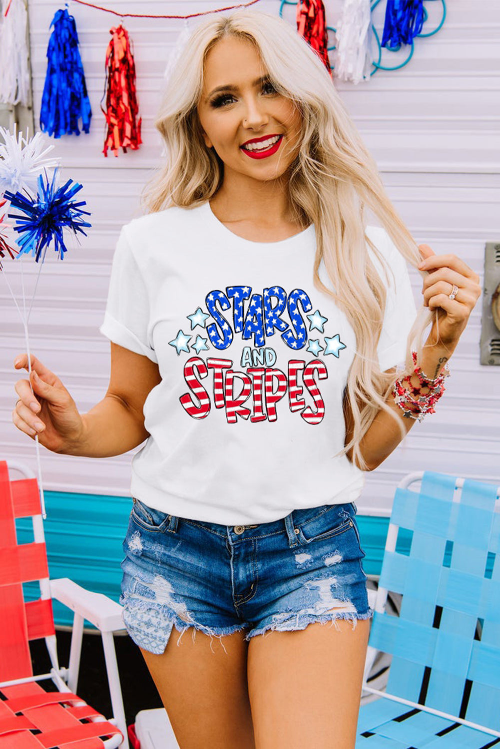 White Stars and Stripes Round Neck Graphic T Shirt Graphic Tees JT's Designer Fashion