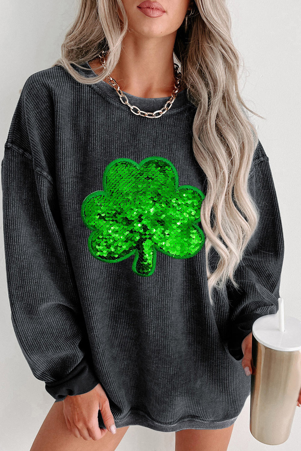 Black Sequin Embroidered Clover Corded Sweatshirt Black 100%Polyester Graphic Sweatshirts JT's Designer Fashion