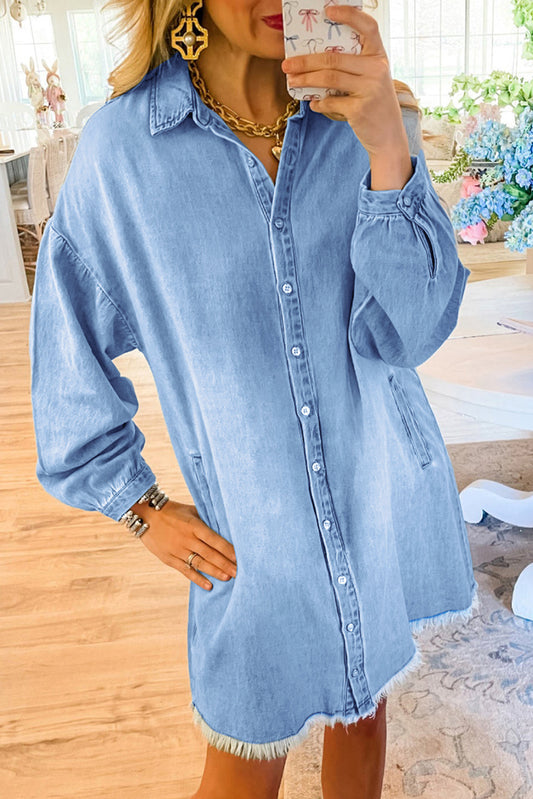 Beau Blue Risen Medium Washed Denim Shirt Dress Mini Dresses JT's Designer Fashion