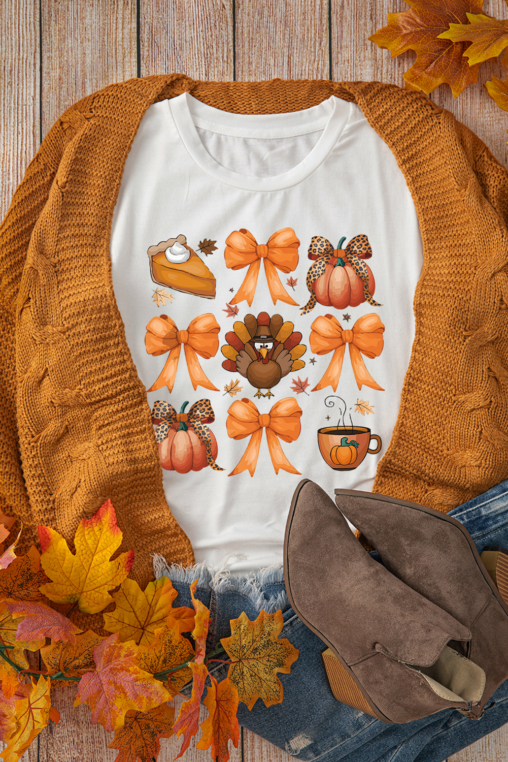 White Turkey Coquette Bow Pumpkin Thanksgiving T-Shirt Graphic Tees JT's Designer Fashion