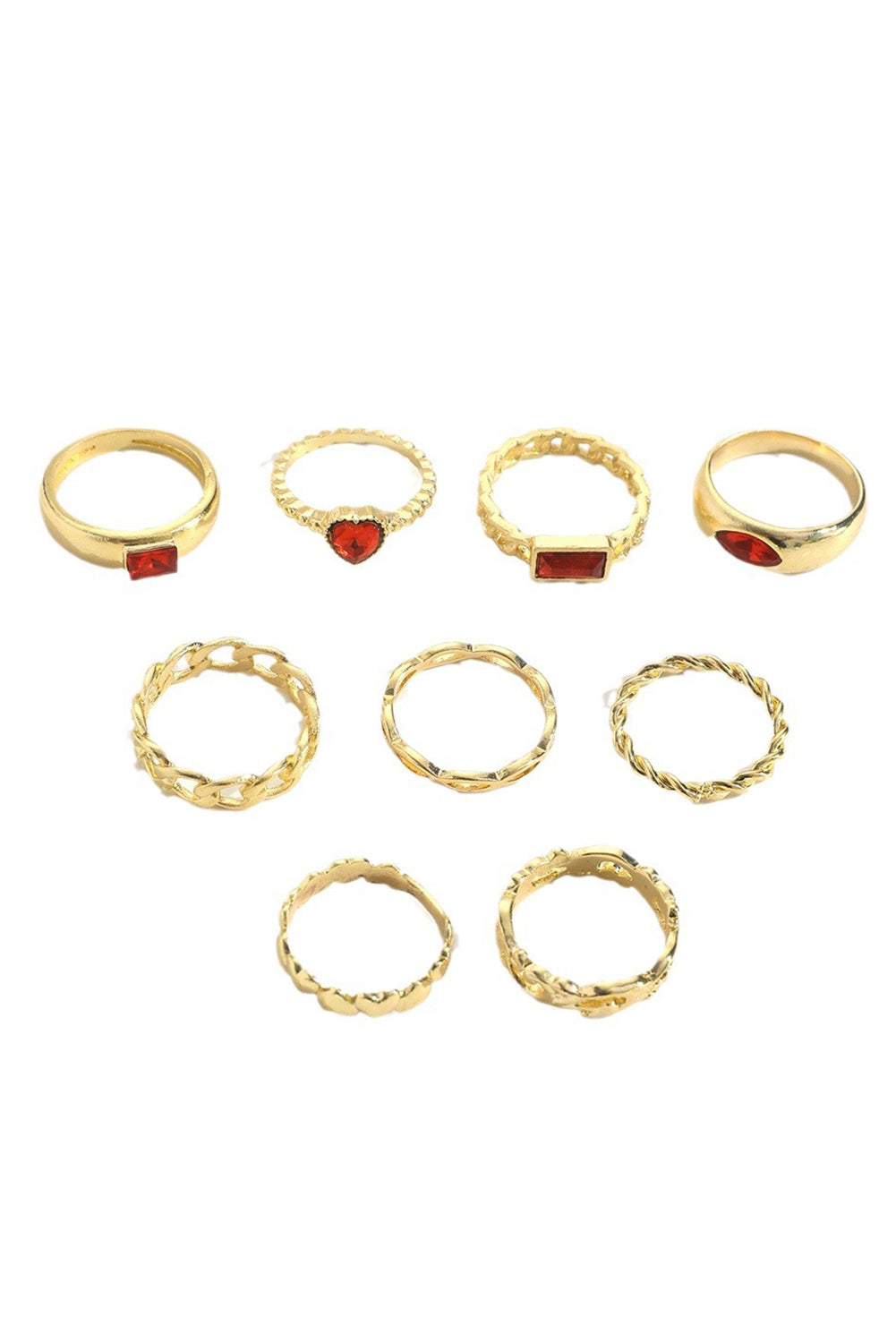 Fiery Red Faux Gem Inlay Heart Shape Alloy Ring Set Jewelry JT's Designer Fashion