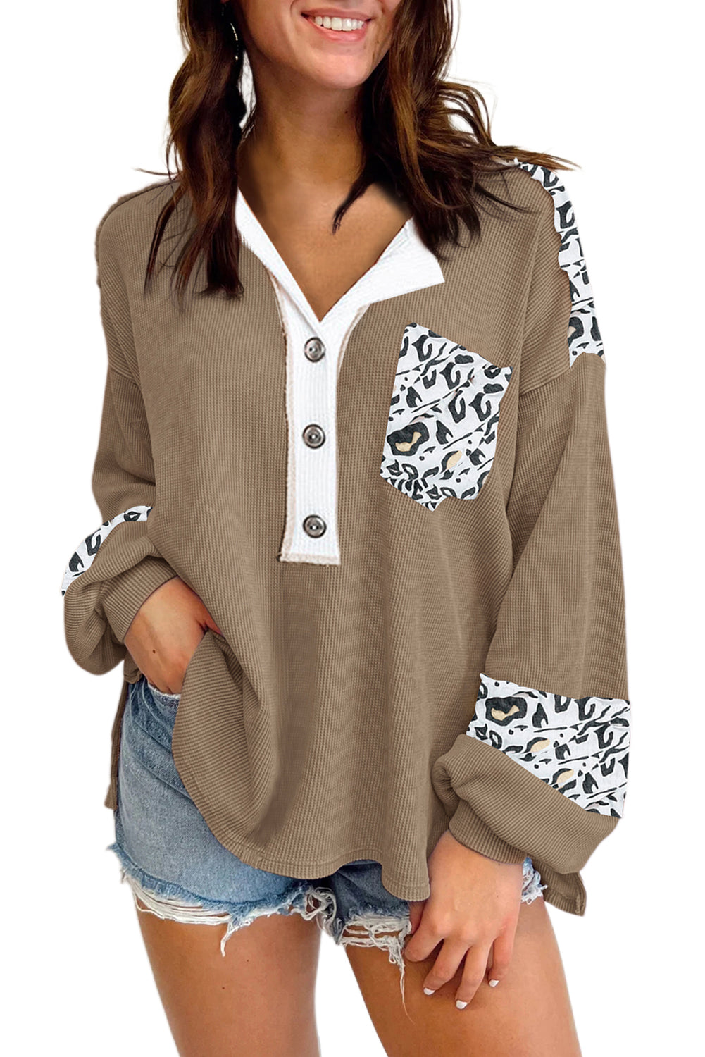 Chestnut Leopard Patchwork Chest Pocket Corded Henley Top Blouses & Shirts JT's Designer Fashion